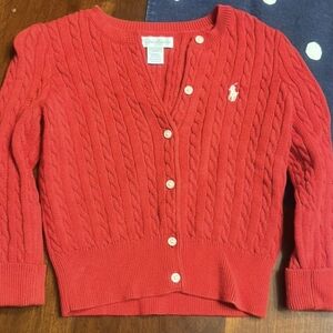 Ralph Lauren Red Cardigan Sweater with Cable Knit Design